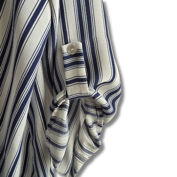 WEST KEI Faux Wrap Blouse M Blue Stripe 3/4 Slv - Picture 4 of 8